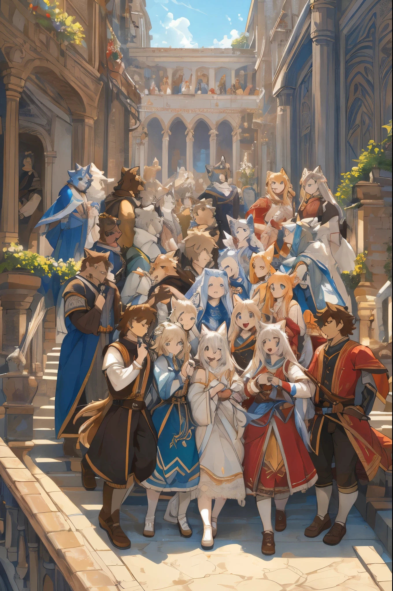 dynamic angle, top quality, best quality, High-quality illustrations, masterpiece, super high resolution, detailed background, detailed background, Romeo and Juliet, group shot:0.1, 6+boys, 6+girls, Happy, joyful, absurdres(highly detailed beautiful face and eyes)perfect ???????(kemono, furry anthro),