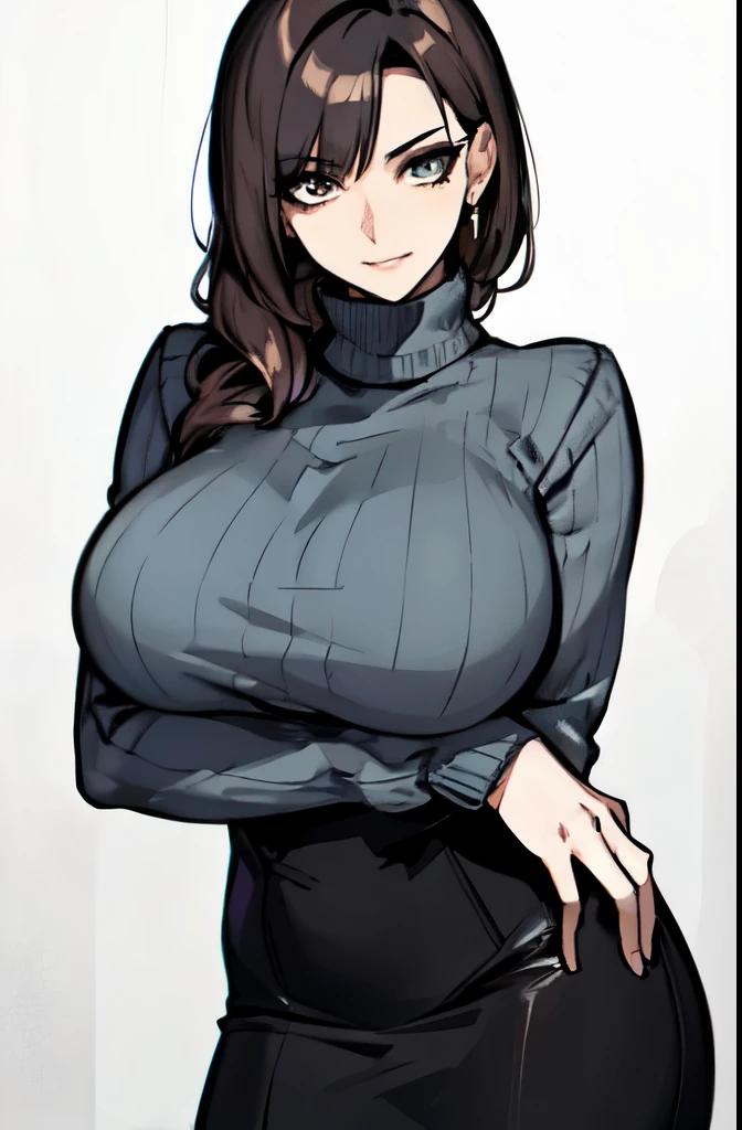 (masterpiece:1.2, best quality), 1girl, solo, milf, mature woman, sharp eyes, large breasts, sweater