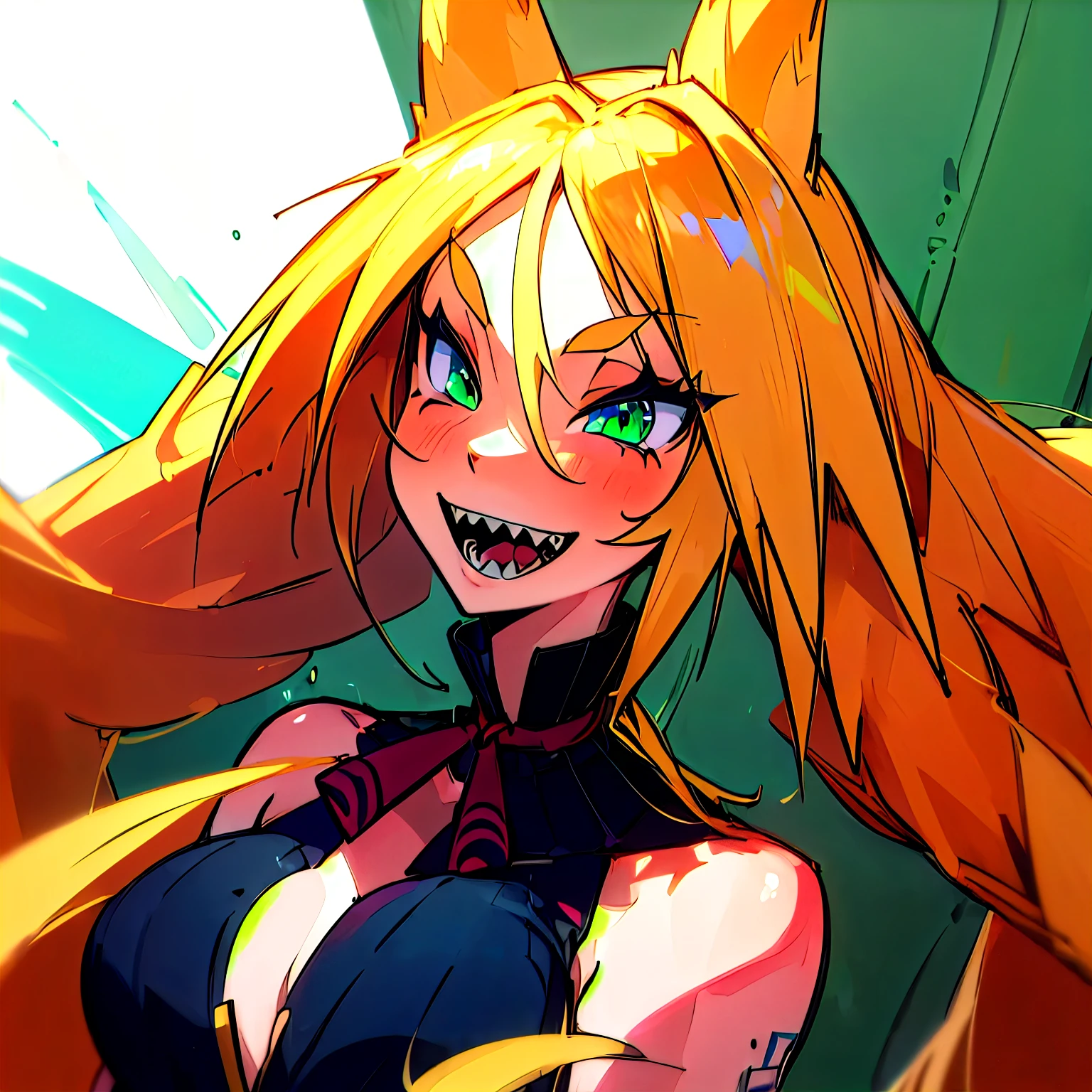 (((Masterpiece))), (((Best Quality: 1.4))), ((Super Detail: 1.4)) , hyper detailed gouache painting of a female Metallia, long blond hair, fox ears, twin braids, green eyes, sharp teeth, big tits, naked, slim body, 1girl, facing viewer, smile, open mouth, hyper detailed face features, expressive face, detailed textures, blue skintone, tattoos, natural skin shader, volumetrics, warm undertones under her skin, ultra High resolution.