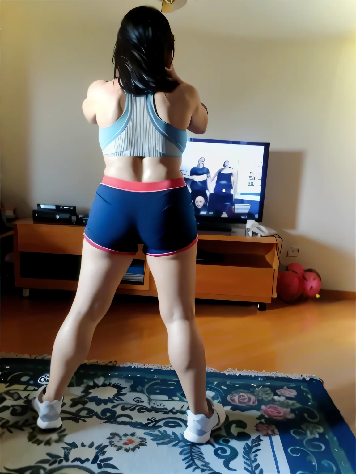 there is a woman standing in a living room with a Wii remote, sports bra and dark blue shorts, tiro pelas costas, sports bra and shorts, long tiro pelas costas, vista traseira, long shot from behind, from behind, Rear view !!, visto from behind, Shot from behind, baleado from behind, foto from behind, pose from behind. in good physical shape, nice sportswear, cerca de 50 anos. Garota fitness. Clear photo, alta qualidade, high resolution, obra de arte, 8k.