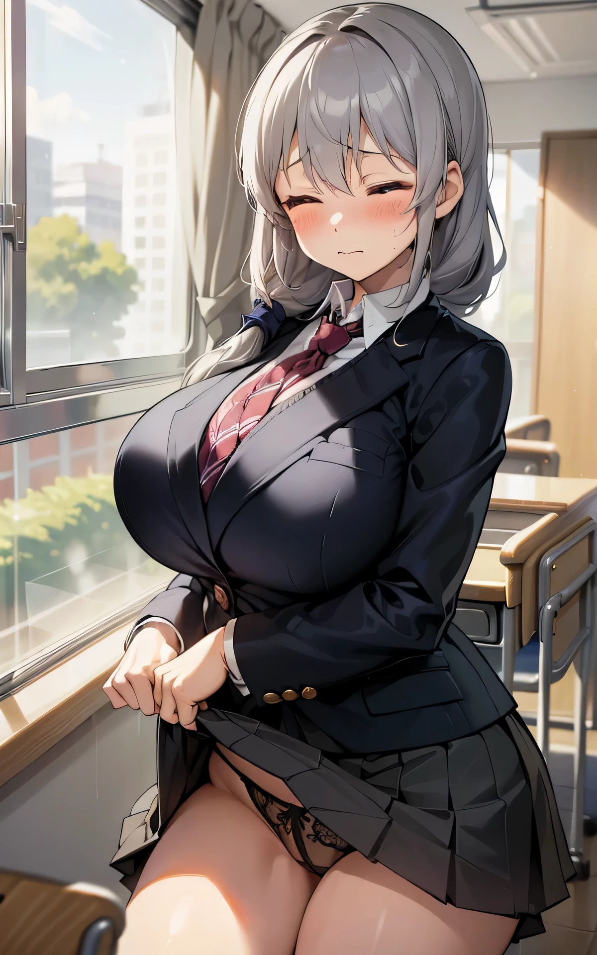 absurderes:1.8, ((school uniform:1.2、blazer, exhibitionist:1.4, school classroom、skirt lift:1.6, intricate panties:1.4))、(milf、grey hair, tie very long hair to one side:1.4,), Unity 8K Wallpaper, Masterpiece, detailed hair, highly detailed, ((Tsuki uzaki, closed eyes, big breasts, closed mouth、socks)), (blush:1.3)
