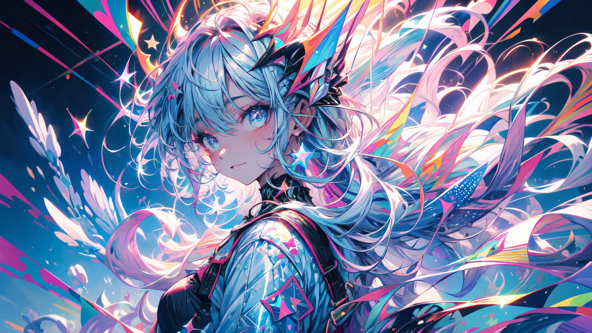 alto detalle, Super detail, super high resolution, girl enjoying her time in the galaxy of dreams, rodeado de estrellas, a warm light sprinkled on her, El fondo es un cielo estrellado con galaxias coloridas y nubes de galaxias., estrellas volando a su alrededor, cara delicada, adding a playful atmosphere ,