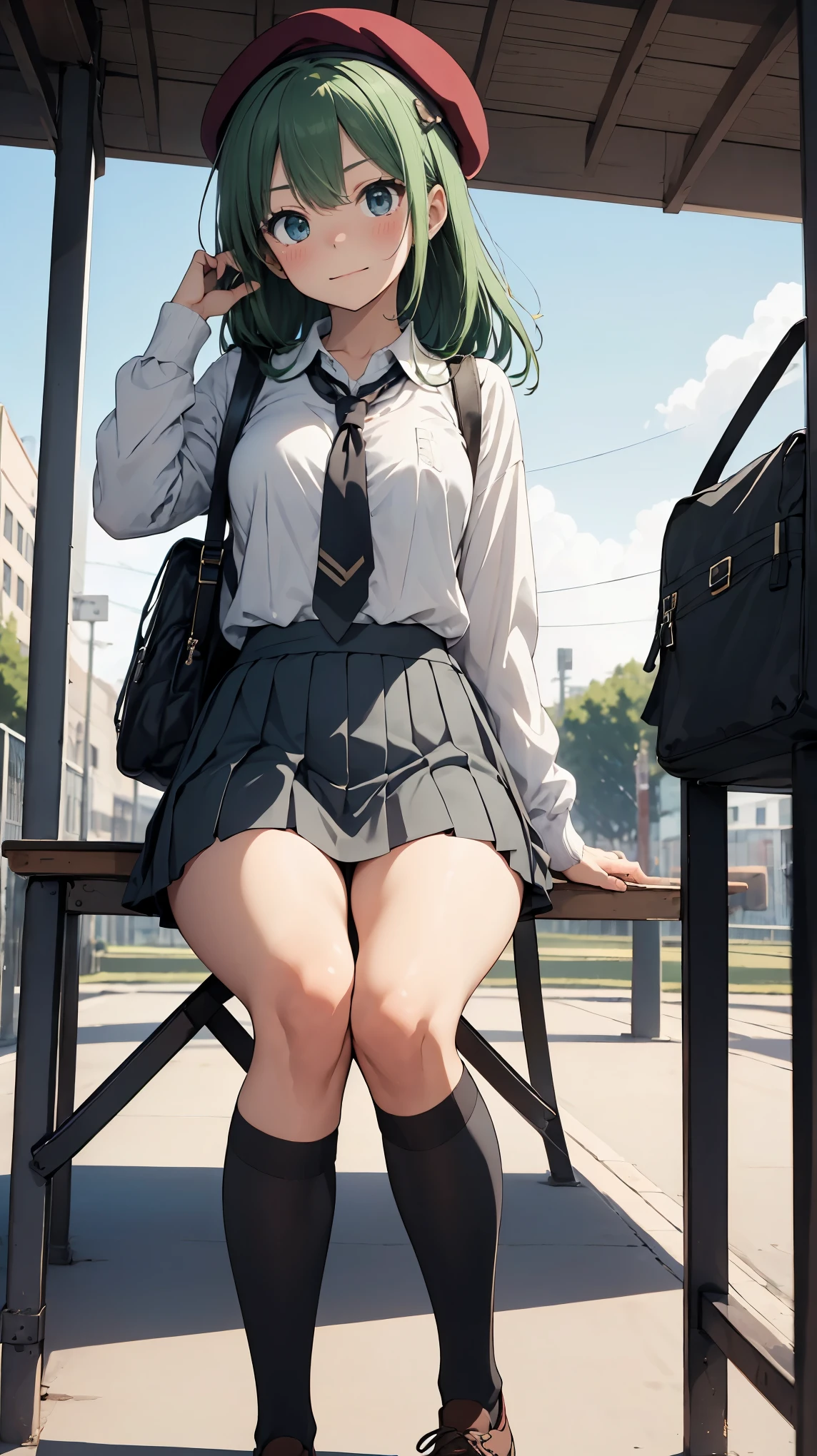 (masterpiece, highest quality), High resolution, detailed face:1.2, anime(1.2), sharpness, 4k, woman posing for a photo, panicked face, upset, open your mouth, long hair, green hair, straight hair, shy smile, fine skin, beautiful hands, beautiful fingers, Wearing a beret, tie, long sleeve blouse, cardigan, pleated skirt, school bag, thighs, Absolute area, knee socks, thighsに手を入れる, during the day, hot summer day, School, schoolyard, sitting on the bench, Please bring your smartphone, Natural light, sharp focus, Hasselblad Photos, cinematic lighting, whole body,