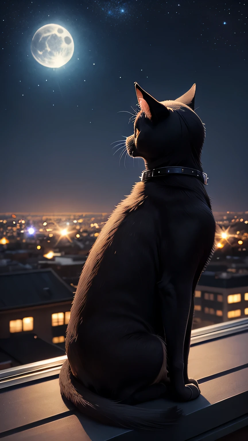 Black cat sitting on the roof and looking at the night sky from behind starry sky full moon beautiful city