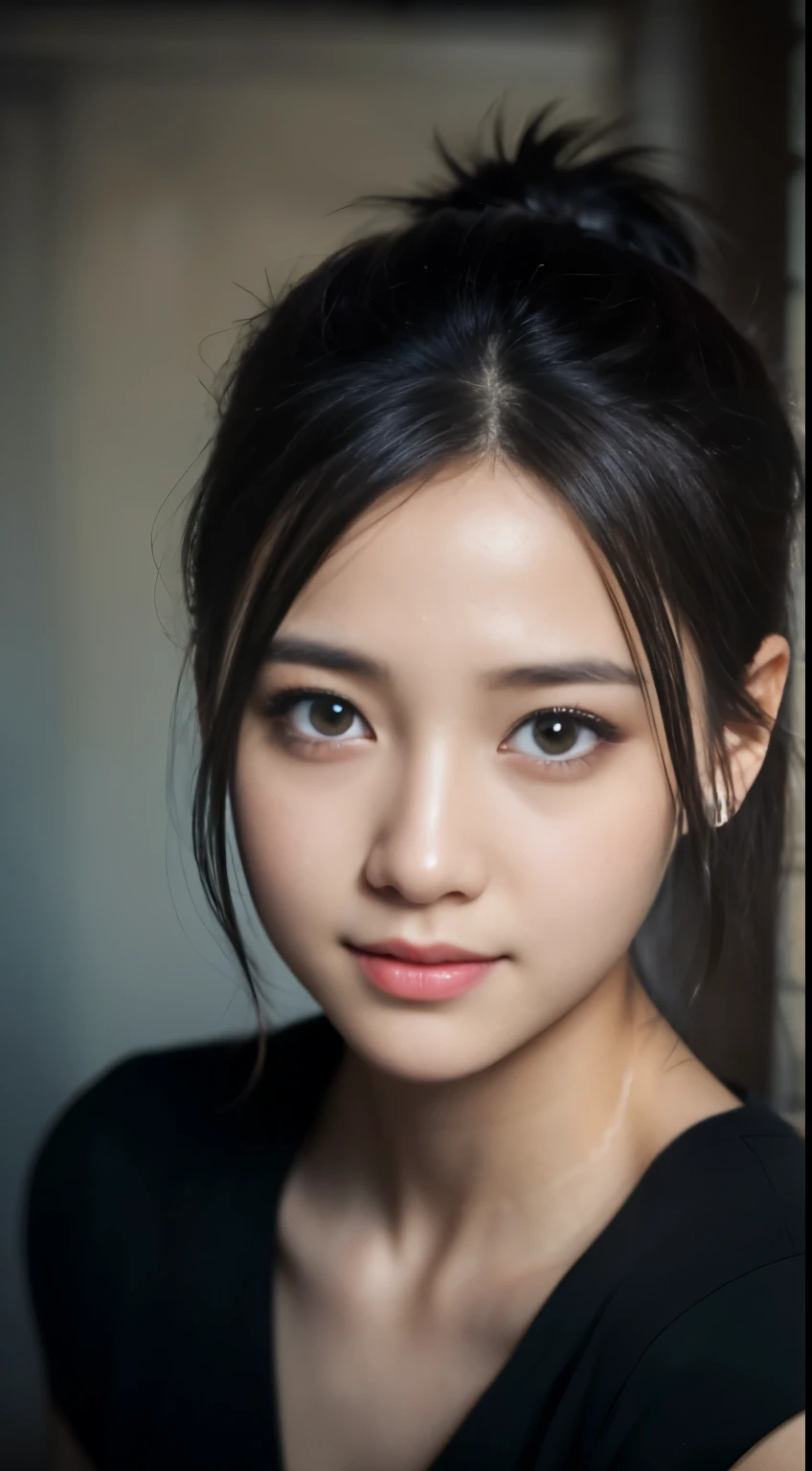 masterpiece, highest quality, Raw foto, photorealistic, smile, beautiful girl, cute, Hair up, Depth of the bounds written, High resolution, Super detailed, details, highly detailed eyes and face, mesmerizing black eyes, Realistic pupils, sharp focus, Cinematic lighting, upper part of the body, face on camera,