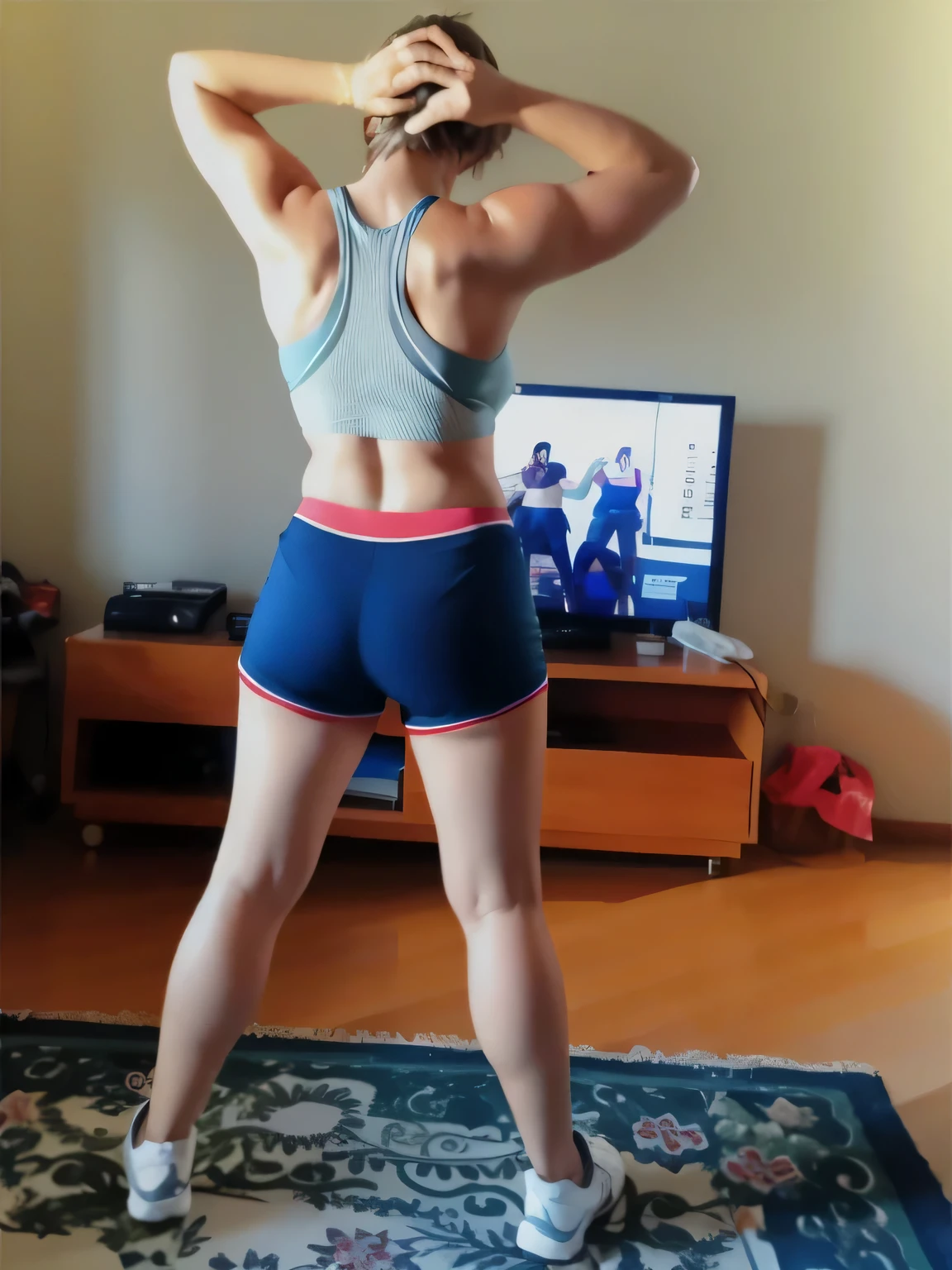 there is a woman in short shorts and a tank top, tiro pelas costas, sports bra and dark blue shorts, long shot from behind, tiro de volta, Pose de costas, sports bra and shorts, long tiro pelas costas, from behind, vista traseira!!, trabalhando fora, tiro traseiro, vista traseira, de volta - tiro, Shot from behind. foto clara, alta qualidade, high resolution, obra de arte, 8k.