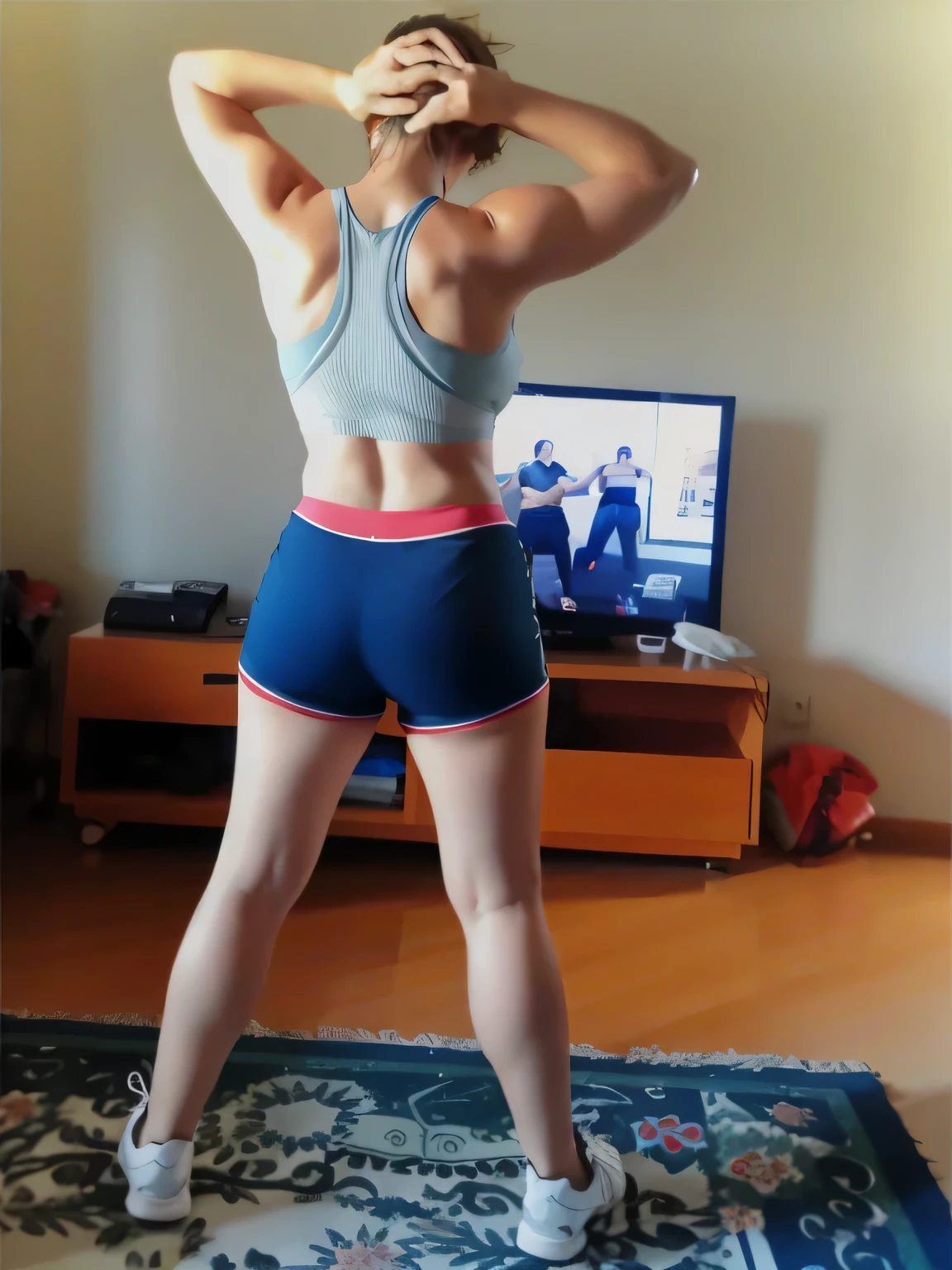 there is a woman in short shorts and a tank top, tiro pelas costas, sports bra and dark blue shorts, long shot from behind, tiro de volta, Pose de costas, sports bra and shorts, long tiro pelas costas, from behind, vista traseira!!, trabalhando fora, tiro traseiro, vista traseira, de volta - tiro, Shot from behind. foto clara, alta qualidade, high resolution, obra de arte, 8k.