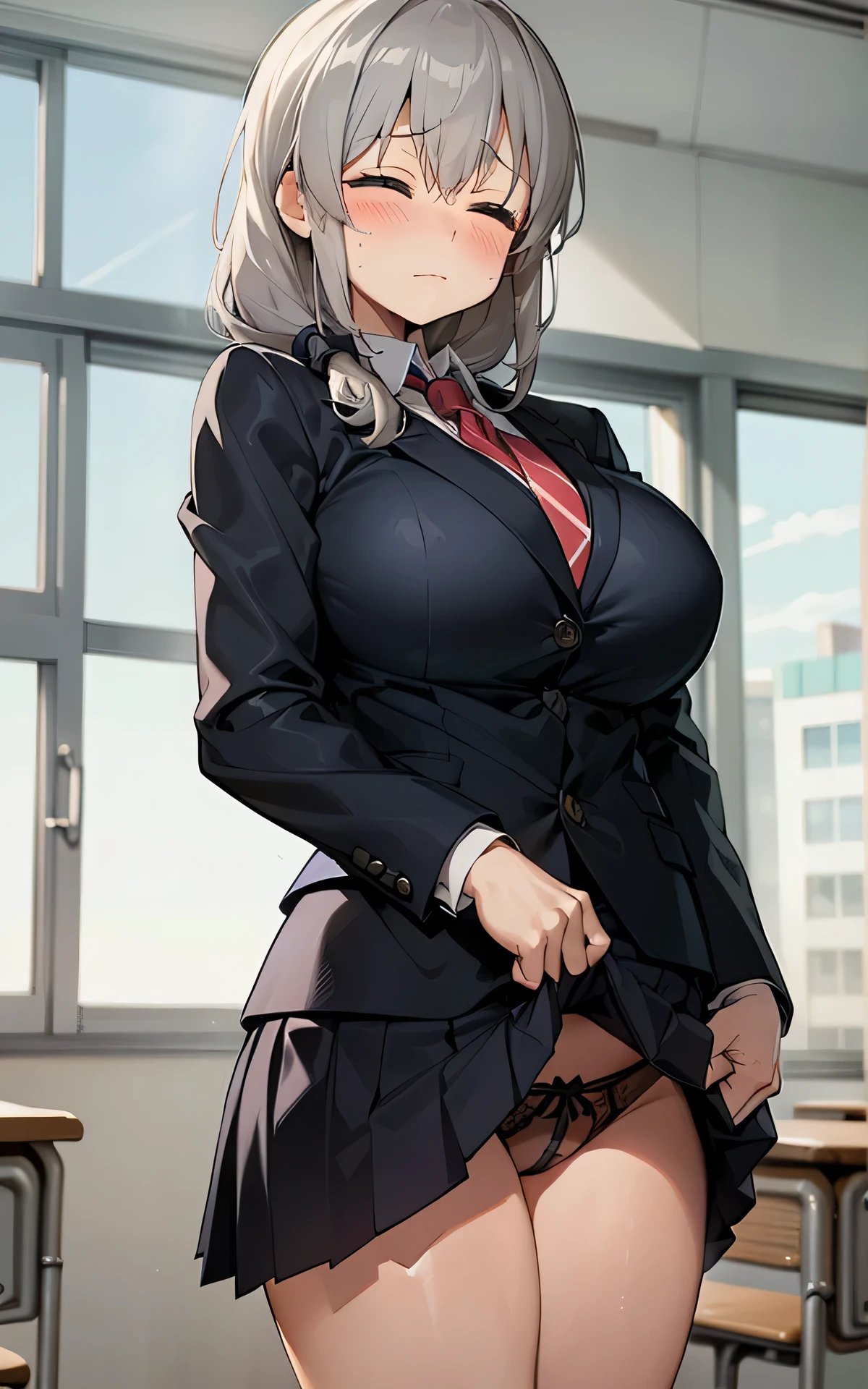 absurderes:1.8, ((school uniform:1.2, exhibitionist:1.4、blazer, school classroom、skirt lift:1.6, intricate panties:1.4))、(milf、grey hair, tie very long hair to one side:1.4,), Unity 8K Wallpaper, Masterpiece, detailed hair, highly detailed, ((Tsuki uzaki, closed eyes, big breasts, closed mouth、socks)), (blush:1.3)
