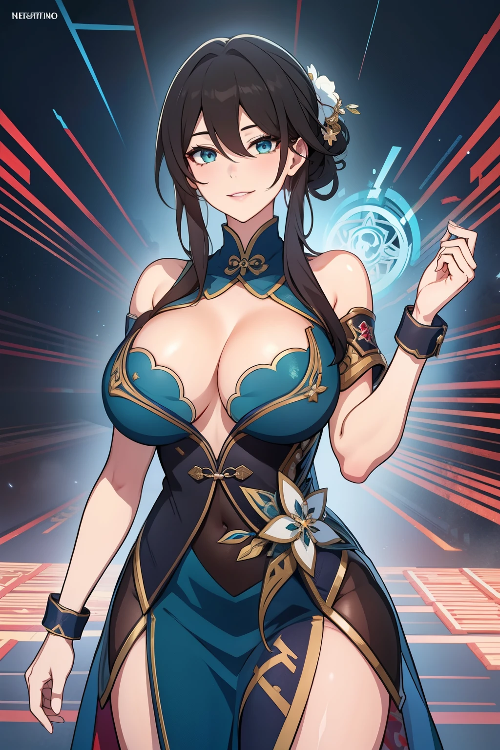 An anime-style artwork depicting ruan mei from the game Honkai star rail.

Tags: ruan mei, anime, detailed eyes, detailed lips, dress, smiling expression, intense gaze, glowing emblem on hand, dynamic pose, mystical background, vibrant colors, digital art, high-resolution, professional quality, gigantic breasts, cleavage, curvy, cowboy shot, gigantic breasts, green eyes