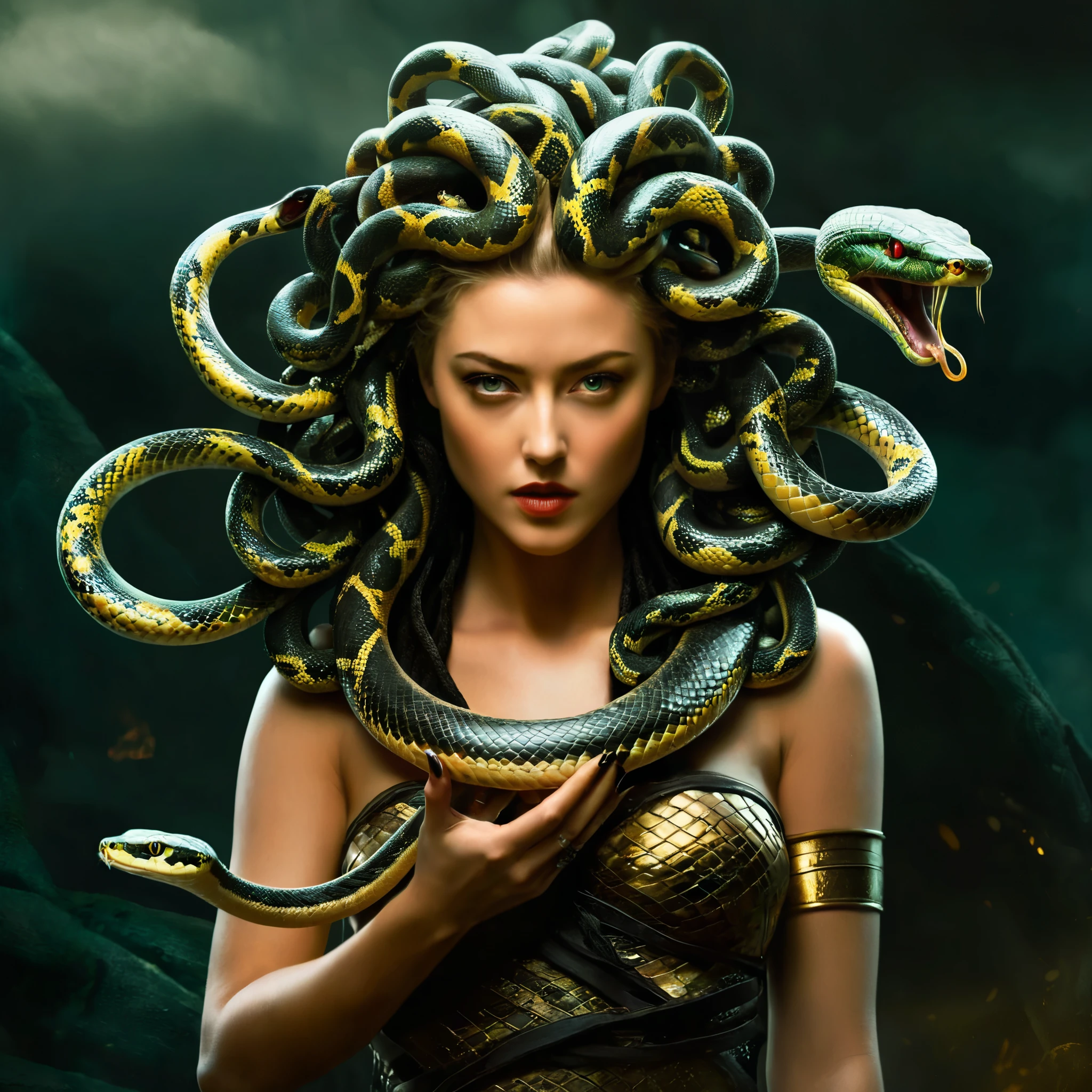 Looks like Amber Heard, fierce looks, fiery and glowing eyes, Dark Fantasy Art of Medusa a woman with snake dreads holding a snake In Greek mythology, Medusa, also called Gorgo, a human female with living venomous snakes in place of hair, dark, moody, dark fantasy style