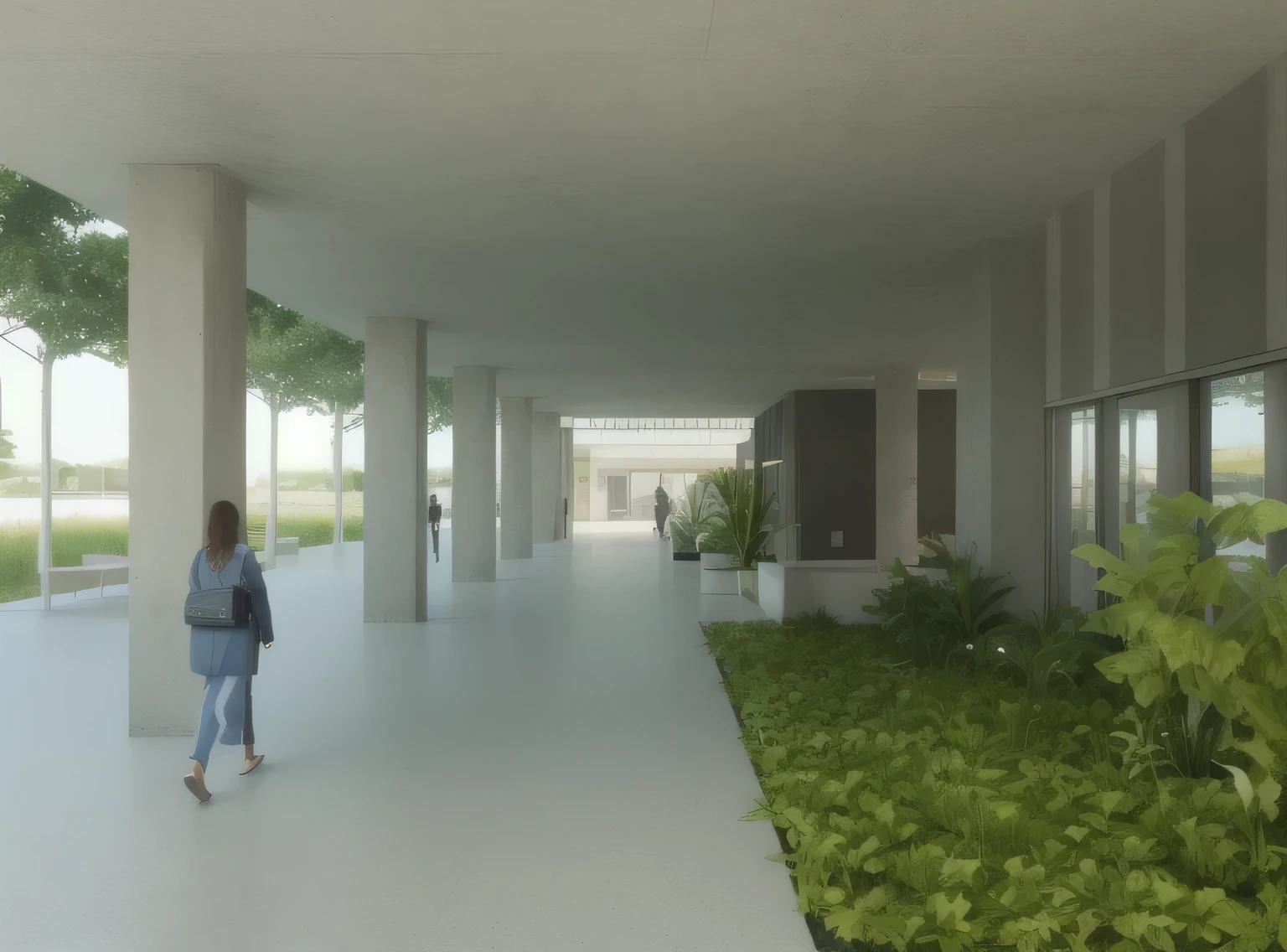 there is a woman walking down a walkway with a suitcase, ground-level view, ground - level view, ground level view, digital rendering, architectural render, photographic render, rendering, artistic impression, green terrace, architectural rendering, concrete hitech interior, conceptual rendering, interior architecture view, architecture render, digital render, detailed rendering, highly photographic render, professional render