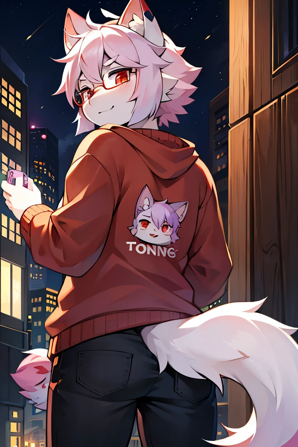 cat plush,hairy,furry,There are purple horns on the head,with hat,round red glasses,Colorful Patterned White Sweatshirt,Black jeans with white stripes,Q version,cute,Simple art style,Cartoon style,red eyes,close one eye,Handsome,play games,Ears pink hair, ear tips white hair,purple hair on back,hairy 蓬松的狼尾,Big tail pink tail tip white,Back against the wall,night,City,meteor