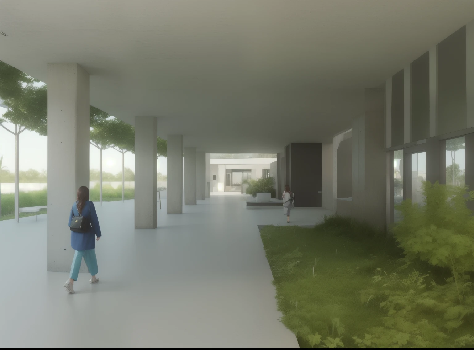 there is a woman walking down a walkway with a suitcase, ground-level view, ground - level view, ground level view, digital rendering, architectural render, photographic render, rendering, artistic impression, green terrace, architectural rendering, concrete hitech interior, conceptual rendering, interior architecture view, architecture render, digital render, detailed rendering, highly photographic render, professional render