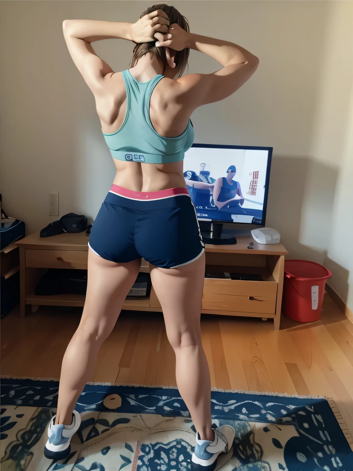 there is a woman in short shorts and a tank top, tiro pelas costas, sports bra and dark blue shorts, long shot from behind, tiro de volta, Pose de costas, sports bra and shorts, long tiro pelas costas, from behind, vista traseira!!, trabalhando fora, tiro traseiro, vista traseira, de volta - tiro, Shot from behind. foto clara, alta qualidade, high resolution, obra de arte, 8k.