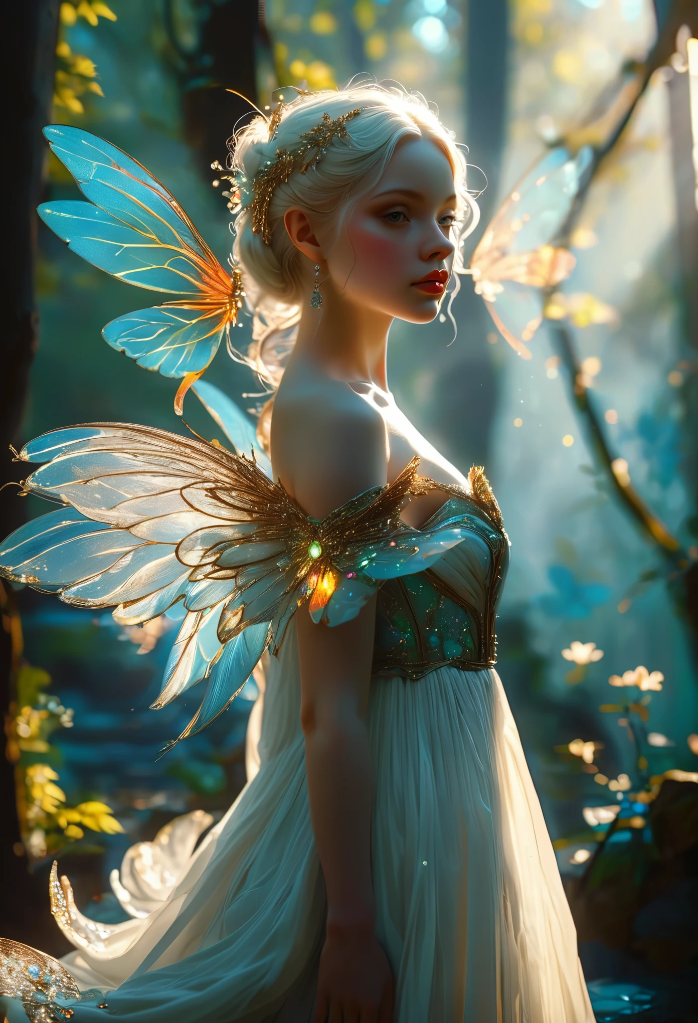 Romance in a forest, le titre est Soulmate, a celestial fae princess, albinos girl with wings, visage très fins, (((very beautiful))), visages parfait, corps entier, 8K, extremely detailed, (high quality,realistic,photorealistic:1.37), Full body, ideal proportions and defined complexion, meticulously crafted features, unreachable beauty, perfection, breathtaking elegance, g curves, goddess-like figures, divine symmetry, artistic masterpieces, vivid realism, hyper-detailed sculptures, life-like forms, truly awe-inspiring, impeccable craftsmanship, pure radiance, ethereal beauty, delicate contours, striking poses, sublime beauty, subtle nuances, dynamic compositions, vibrant colors, perfect lighting, soulful expressions, celestial aura, majestic presence, dreamlike atmosphere, unmatched gdetailed octane render trending on artstation, 8 k artistic photography, photorealistic concept art, soft natural volumetric cinematic perfect light, chiaroscuro, award - winning photograph, masterpiece, oil on canvas, raphael, caravaggio, greg rutkowski, beeple, beksinski, gigerrace and elegance, dazzling perfection, magnificent creations., by Jacob Lawrence and Francis picabia, perfect composition, beautiful detailed intricate insanely

