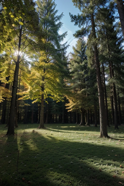 create an image representing the forest, with trees, leaves, animals and lights.