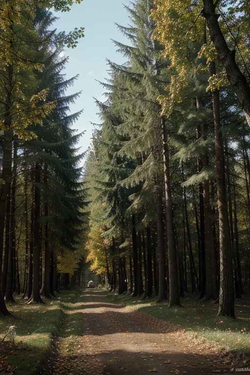 create an image representing the forest, with trees, leaves, animals and lights.