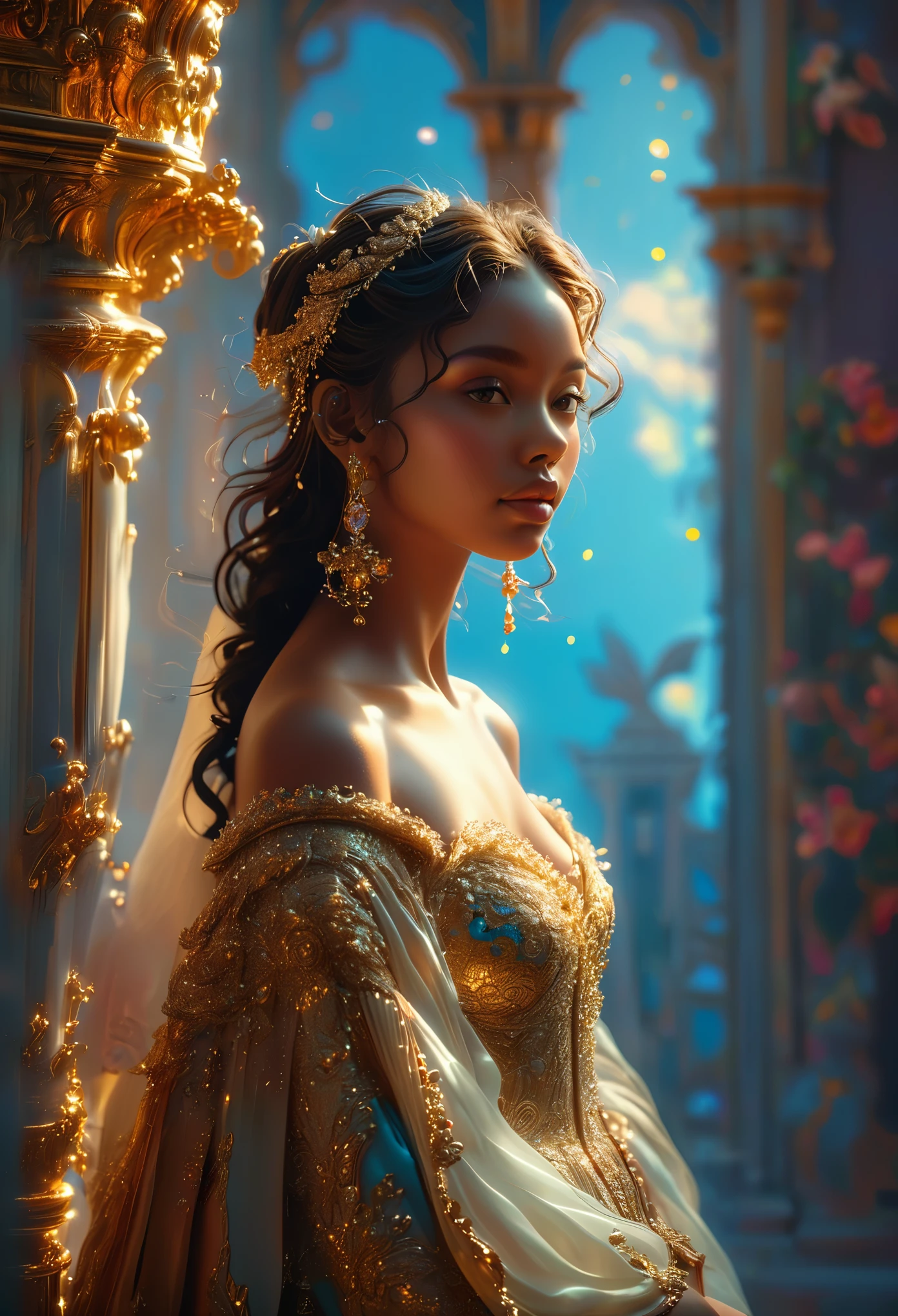 Romance in a heavenly palace, le titre est Soulmate, un couple (((brown skin))) in a heavenly court, a celestial magistrate with long dark hair, visage très fins avec un jeune roi très beau, brown skin with curly hair, (((very beautiful))), visages parfait, corps entier, 8K, extremely detailed, (high quality,realistic,photorealistic:1.37), Full body, ideal proportions and defined complexion, meticulously crafted features, unreachable beauty, perfection, breathtaking elegance, g curves, goddess-like figures, divine symmetry, artistic masterpieces, vivid realism, hyper-detailed sculptures, life-like forms, truly awe-inspiring, impeccable craftsmanship, pure radiance, ethereal beauty, delicate contours, striking poses, sublime beauty, subtle nuances, dynamic compositions, vibrant colors, perfect lighting, soulful expressions, celestial aura, majestic presence, dreamlike atmosphere, unmatched gdetailed octane render trending on artstation, 8 k artistic photography, photorealistic concept art, soft natural volumetric cinematic perfect light, chiaroscuro, award - winning photograph, masterpiece, oil on canvas, raphael, caravaggio, greg rutkowski, beeple, beksinski, gigerrace and elegance, dazzling perfection, magnificent creations., by Jacob Lawrence and Francis picabia, perfect composition, beautiful detailed intricate insanely

