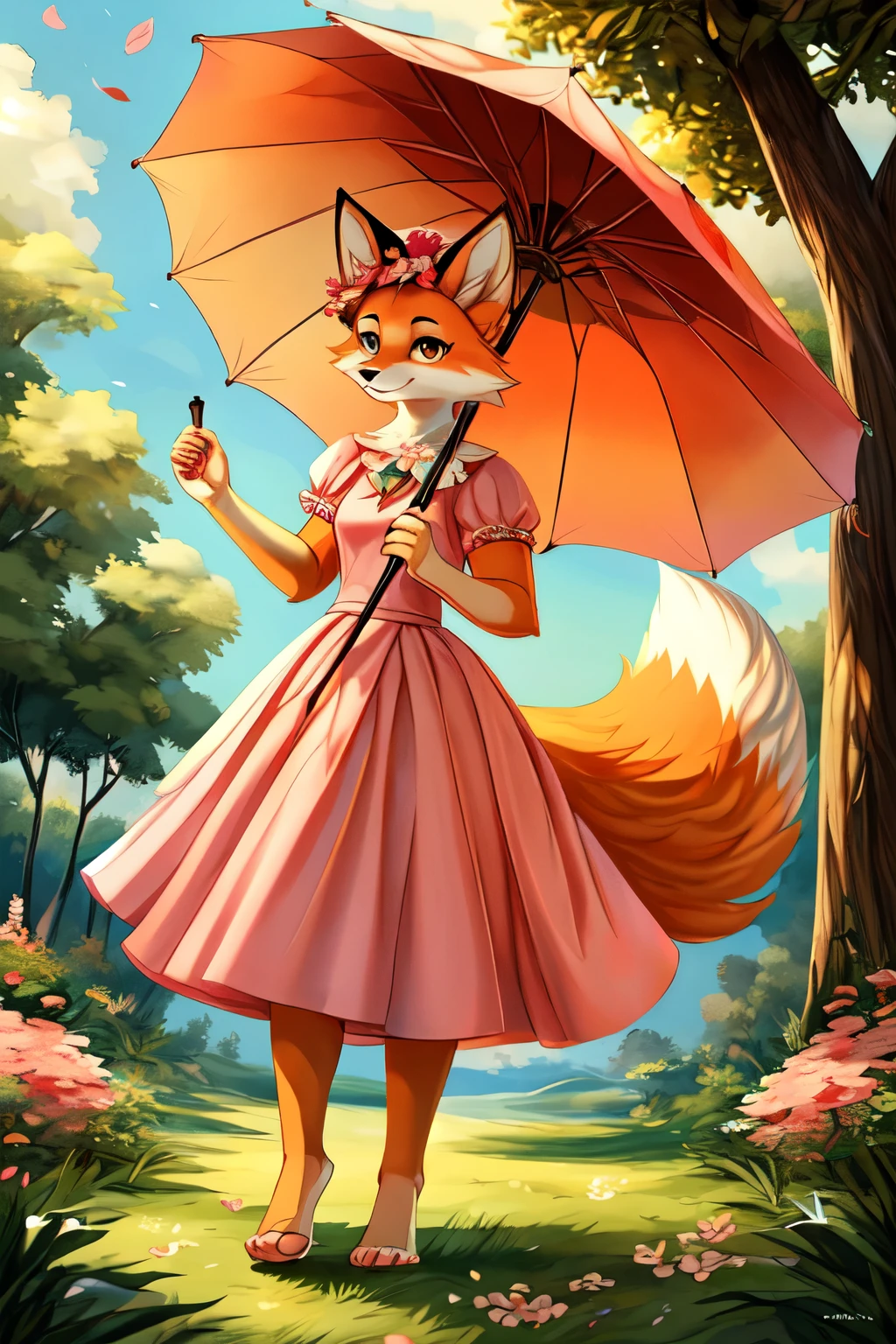 ((best quality)), ((masterpiece)), (detailed), perfect face, anthropomorphic fox, fluffy tail, pink dress, pink parasol, short dress, holding a parasol, leaves floating, short sleeves, pink floppy hat, furry, fox, female, orange fur, barefoot, paws, feet, nature, grass, trees, flowers, perfect shape