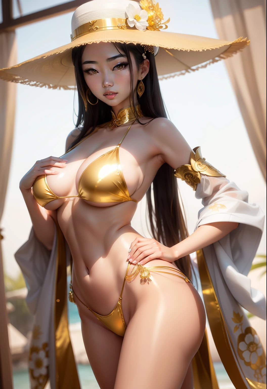 araffe asian woman in a white hat and gold bikini posing, japanese goddess, sexy girl, asian, sexy hot body, gold transparent bikini, sexy body, shiny golden bikini, japanese model, beautiful asian girl, asian girl, gorgeous chinese model, gorgeous figure, seductive anime girl, beautiful figure, gorgeous bikini model, elegant bikini, elegant gold body, beautiful asian woman