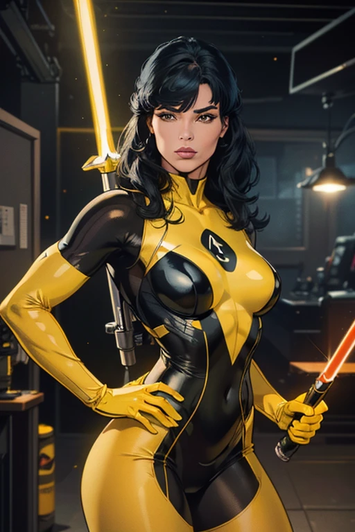 (best quality,8k:1.2,high resolution:1.2),ultra-detalhado,Realistic,space science female,straight long black hair,bangs,rosto extremamente detalhados,long eyelashes,holding a medieval light saber,all sheer light yellow Collant de nylon Apertado,yellow sheer pantyhose, light yellow gloves,light yellow Glossy metalic accessories,Physically-based rendering,sharp focus,studio lighting