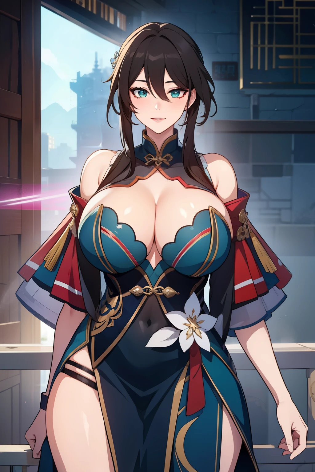 An anime-style artwork depicting ruan mei from the game Honkai star rail.
Tags: ruan mei, anime, detailed eyes, detailed lips, dress, smiling expression, intense gaze, glowing emblem on hand, dynamic pose, mystical background, vibrant colors, digital art, high-resolution, professional quality, gigantic breasts, cleavage, curvy, cowboy shot, gigantic breasts, green eyes