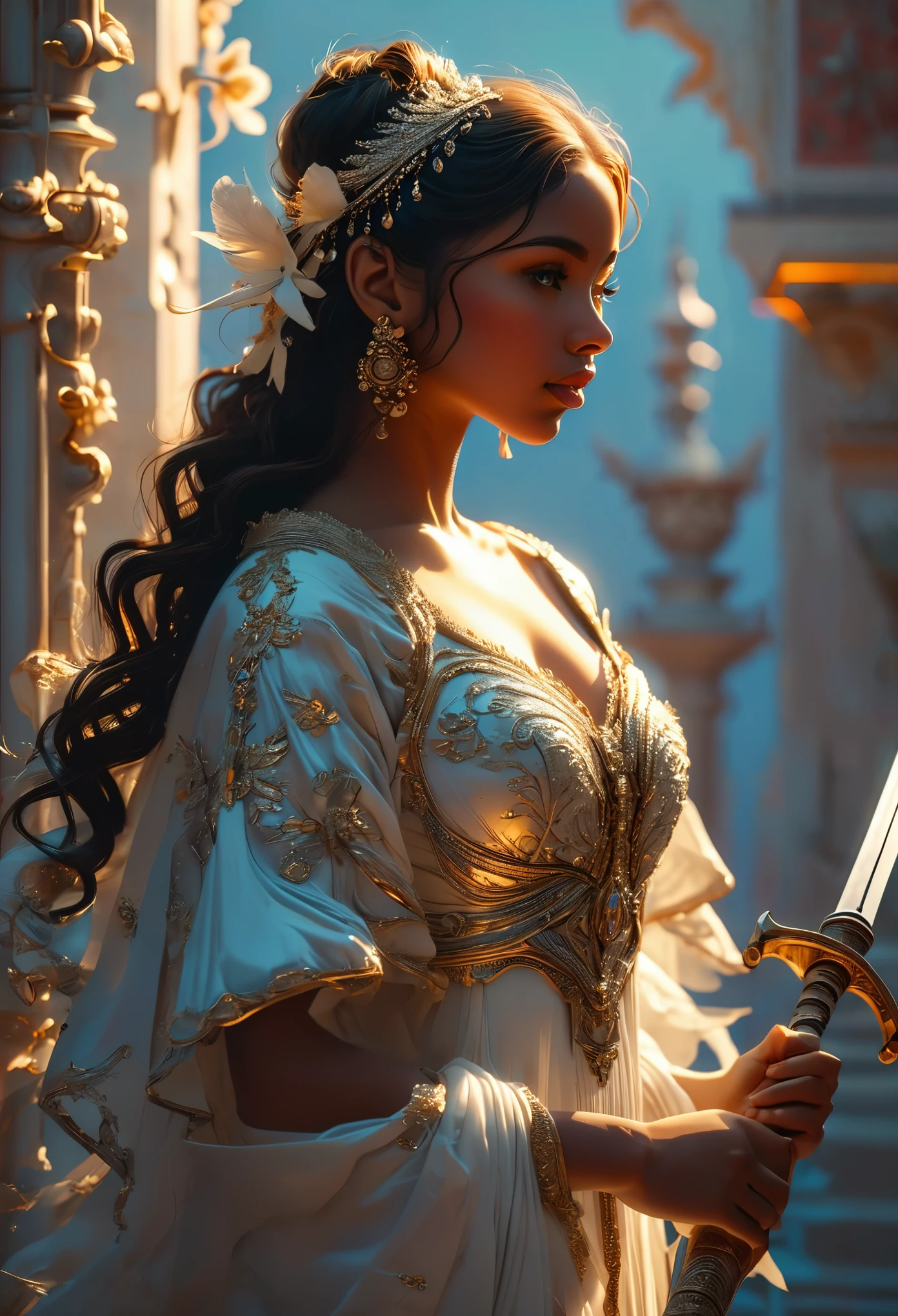 Romance in a heavenly palace, le titre est Soulmate, un couple (((brown skin))) armed with swords, visage très fins, (((very beautiful))), visages parfait, corps entier, 8K, extremely detailed, (high quality,realistic,photorealistic:1.37), Full body, ideal proportions and defined complexion, meticulously crafted features, unreachable beauty, perfection, breathtaking elegance, g curves, goddess-like figures, divine symmetry, artistic masterpieces, vivid realism, hyper-detailed sculptures, life-like forms, truly awe-inspiring, impeccable craftsmanship, pure radiance, ethereal beauty, delicate contours, striking poses, sublime beauty, subtle nuances, dynamic compositions, vibrant colors, perfect lighting, soulful expressions, celestial aura, majestic presence, dreamlike atmosphere, unmatched gdetailed octane render trending on artstation, 8 k artistic photography, photorealistic concept art, soft natural volumetric cinematic perfect light, chiaroscuro, award - winning photograph, masterpiece, oil on canvas, raphael, caravaggio, greg rutkowski, beeple, beksinski, gigerrace and elegance, dazzling perfection, magnificent creations., by Jacob Lawrence and Francis picabia, perfect composition, beautiful detailed intricate insanely