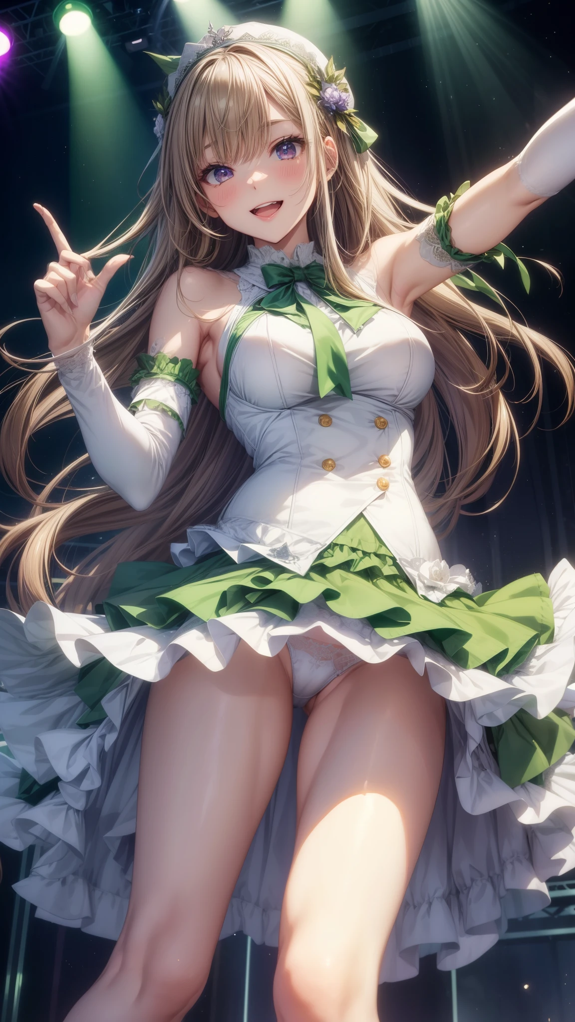 highest quality、All limbs、full finger、Slender beauty、straight hair、brown hair、Dereste、green, white and purple idol costume、white panties、high socks、beautiful big breasts、live stage、sing、dancing、big smile、I'm seducing you