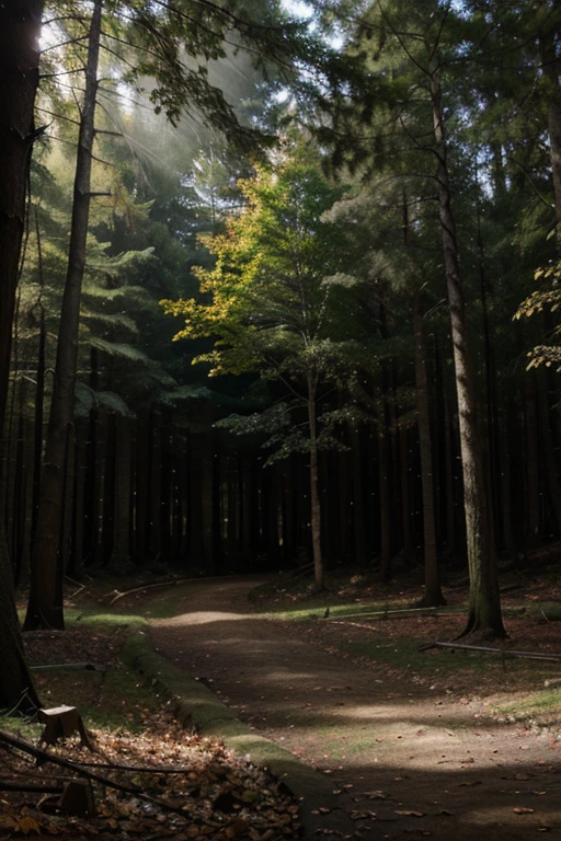 create an image representing the forest, with trees, leaves, animals and lights.