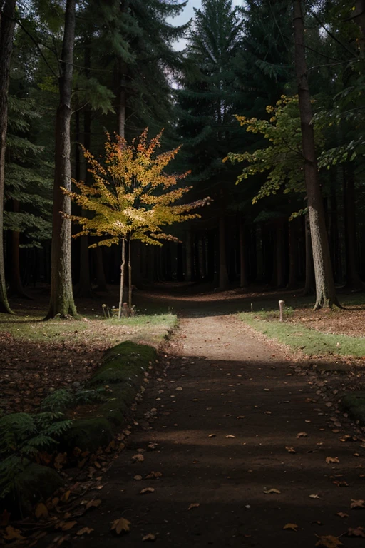 create an image representing the forest, with trees, leaves, animals and lights.