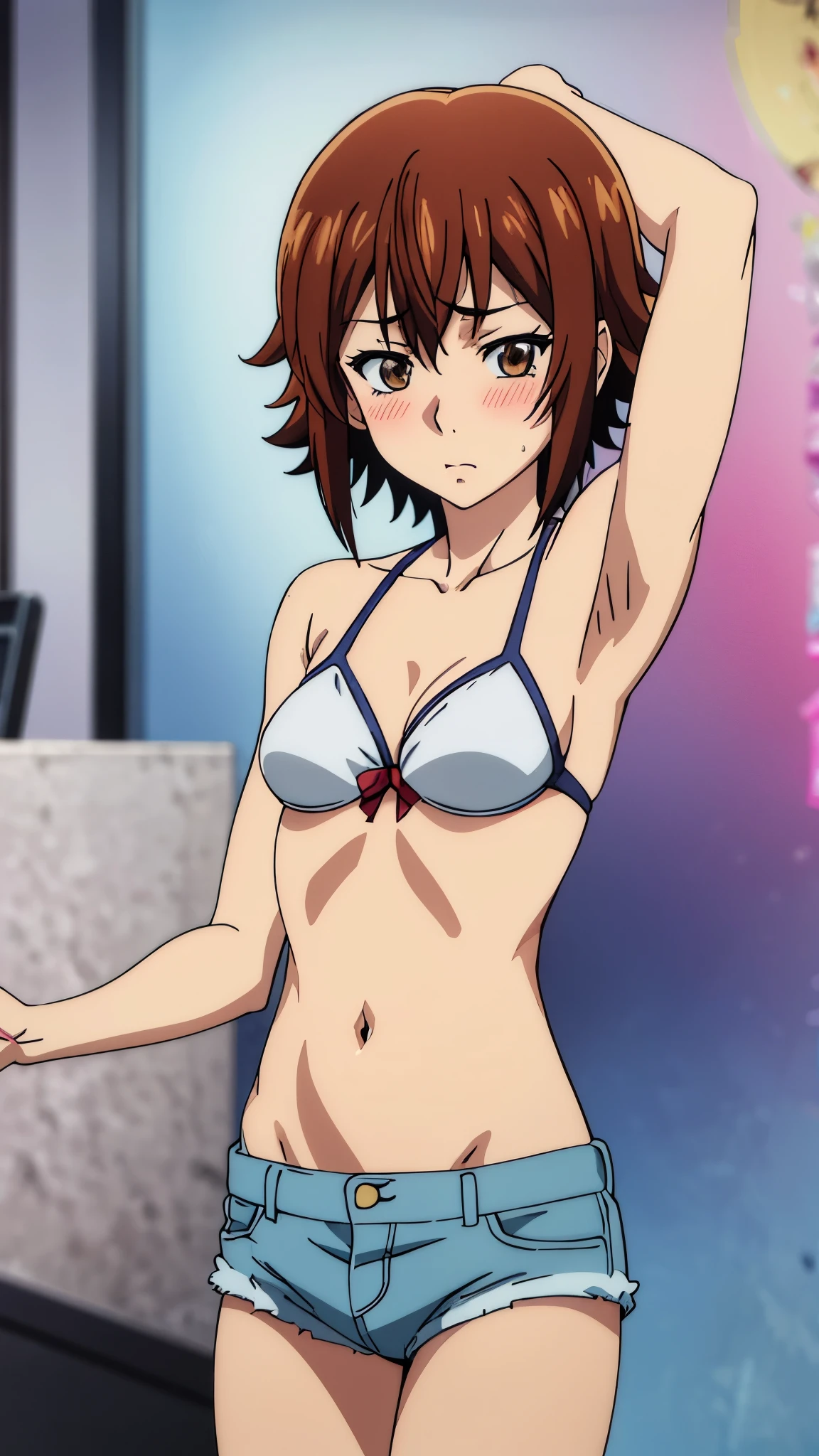 masterpiece, anime artstyle, highres, solo, 8k, detailed, perfect face, (ultra high quality), looking viewers, armpit, medium breast, cleavage, brown hair, short hair, dark brown eyes, belly, stomach, navel, abs, white bikini, swimsuit, denim short, mini short, slim body, emotionless, flat face, blush, thigh, at river