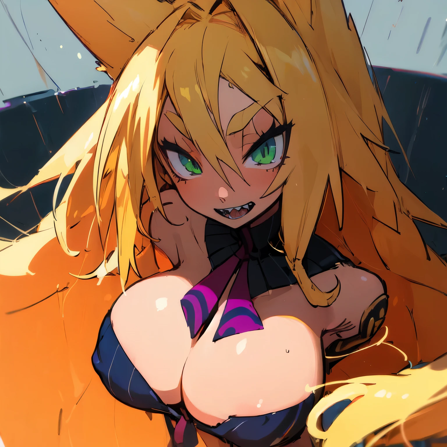(((Masterpiece))), (((Best Quality: 1.4))), ((Super Detail: 1.4)) , hyper detailed gouache painting of a female Metallia, whole body vissible, long blond hair, fox ears, twin braids, green eyes, sharp teeth, big tits, naked, slim body, 1girl, facing viewer, looking at viewer, smile, open mouth, vaginal sex with a huge transparent dildo, hyper detailed face features, expressive face, detailed textures, blue skintone, tattoos, natural skin shader, volumetrics, warm undertones under her skin, ultra High resolution.
