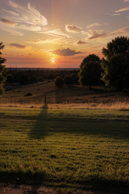 create an image of the sun setting behind the horizon, with colorful clouds, trees and shadows.