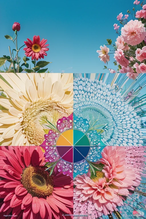 create a picture that represents flowers, avec des couleurs vives, geometric shapes, and textural details.