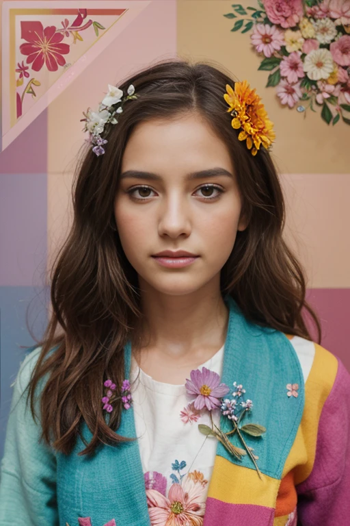 create a picture that represents flowers, avec des couleurs vives, geometric shapes, and textural details.