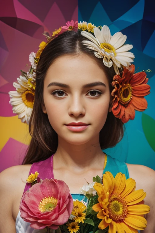 create an image representing flowers, with bright colors, geometric shapes and textural details.