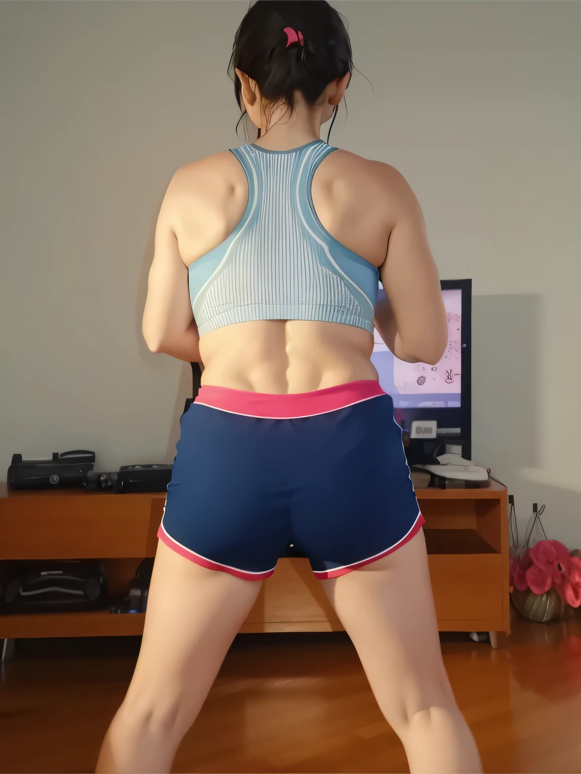 there is a woman in short shorts and a tank top, tiro pelas costas, sports bra and dark blue shorts, long shot from behind, tiro de volta, Pose de costas, sports bra and shorts, long tiro pelas costas, from behind, vista traseira!!, trabalhando fora, tiro traseiro, vista traseira, de volta - tiro, Shot from behind. foto clara, alta qualidade, high resolution, obra de arte, 8k.