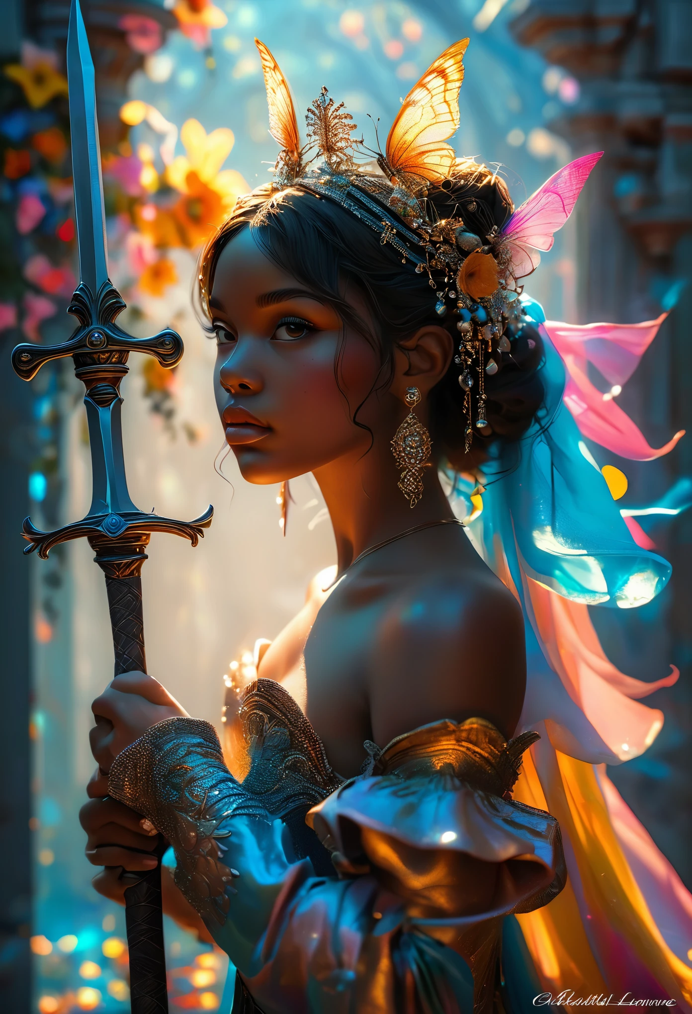 Romance in party with a lot of people, le titre est Soulmate, un couple (((brown skin))) young man and woman armed with swords:1.7, visage très fins, (((very beautiful))), visages parfait, corps entier, 8K, extremely detailed, (high quality,realistic,photorealistic:1.37), Full body, ideal proportions and defined complexion, meticulously crafted features, unreachable beauty, perfection, breathtaking elegance, g curves, goddess-like figures, divine symmetry, artistic masterpieces, vivid realism, hyper-detailed sculptures, life-like forms, truly awe-inspiring, impeccable craftsmanship, pure radiance, ethereal beauty, delicate contours, striking poses, sublime beauty, subtle nuances, dynamic compositions, vibrant colors, perfect lighting, soulful expressions, celestial aura, majestic presence, dreamlike atmosphere, unmatched gdetailed octane render trending on artstation, 8 k artistic photography, photorealistic concept art, soft natural volumetric cinematic perfect light, chiaroscuro, award - winning photograph, masterpiece, oil on canvas, raphael, caravaggio, greg rutkowski, beeple, beksinski, gigerrace and elegance, dazzling perfection, magnificent creations., by Jacob Lawrence and Francis picabia, perfect composition, beautiful detailed intricate insanely
