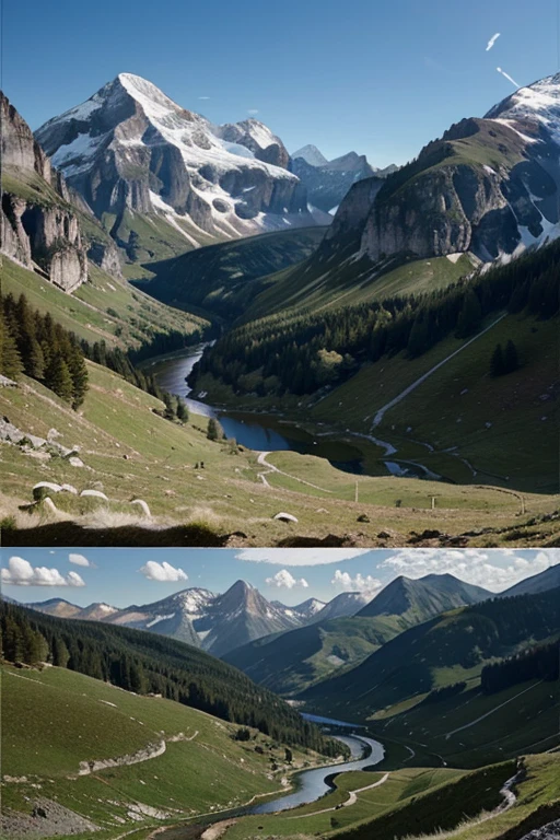 create an image that depicts a mountain landscape, avec des pics, valleys, des lacs, et des cascades.