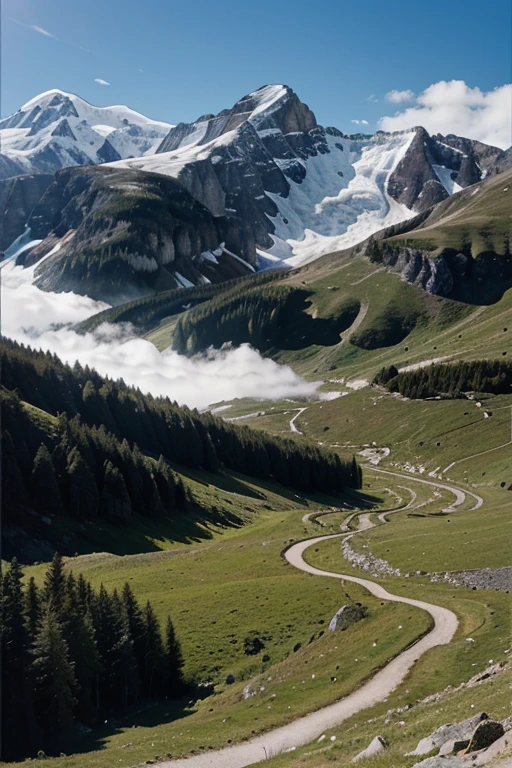 create an image that depicts a mountain landscape, avec des pics, valleys, des lacs, et des cascades.