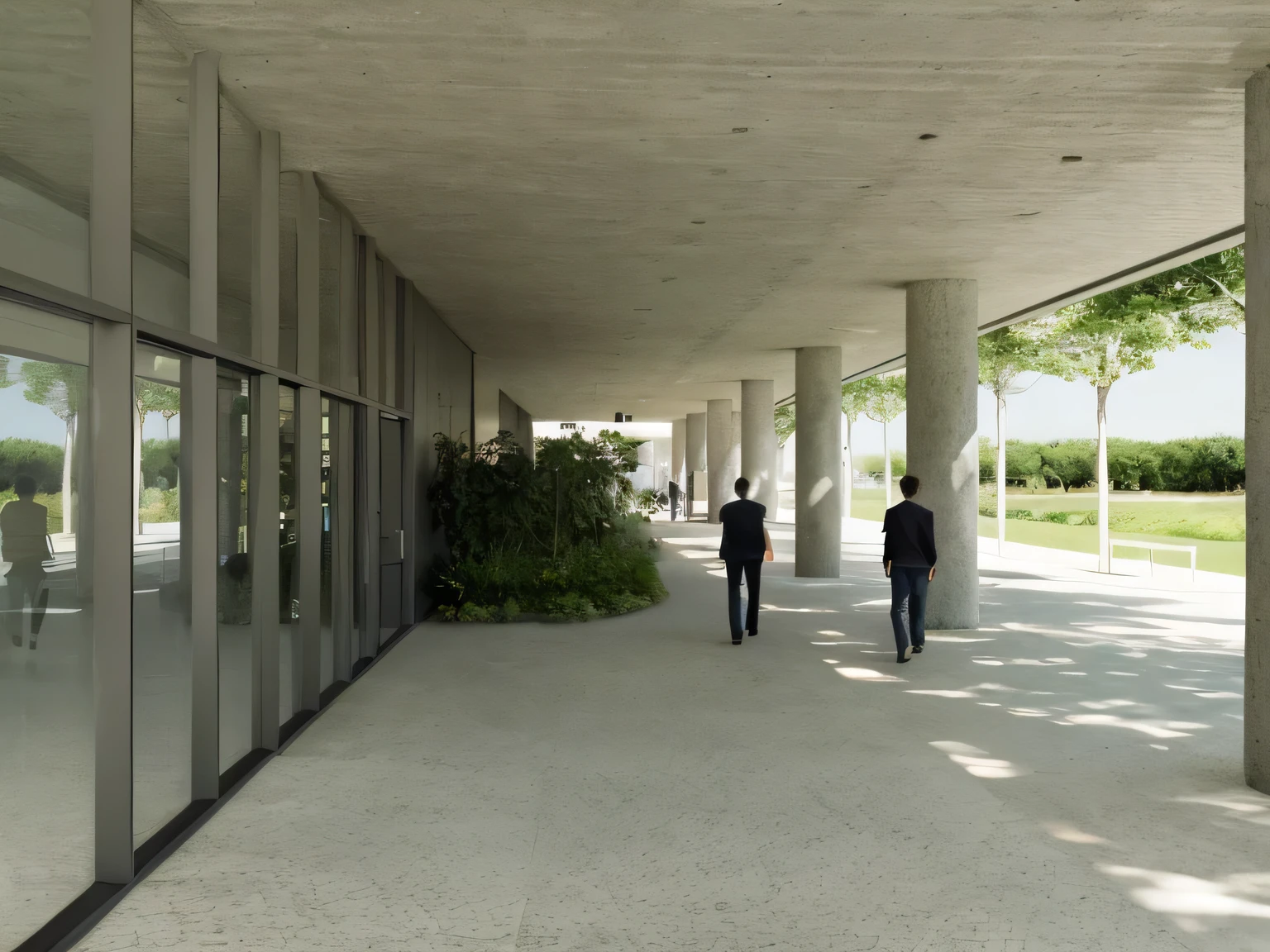 there are two men walking down a walkway between two buildings, inspired by David Chipperfield, ground - level view, ground-level view, architectural render, architecture render, inspired by Tadao Ando, ground level view, architectural visualisation, perspective view, digital rendering, rendering, architectural rendering, detail render, detailed rendering, photographic render