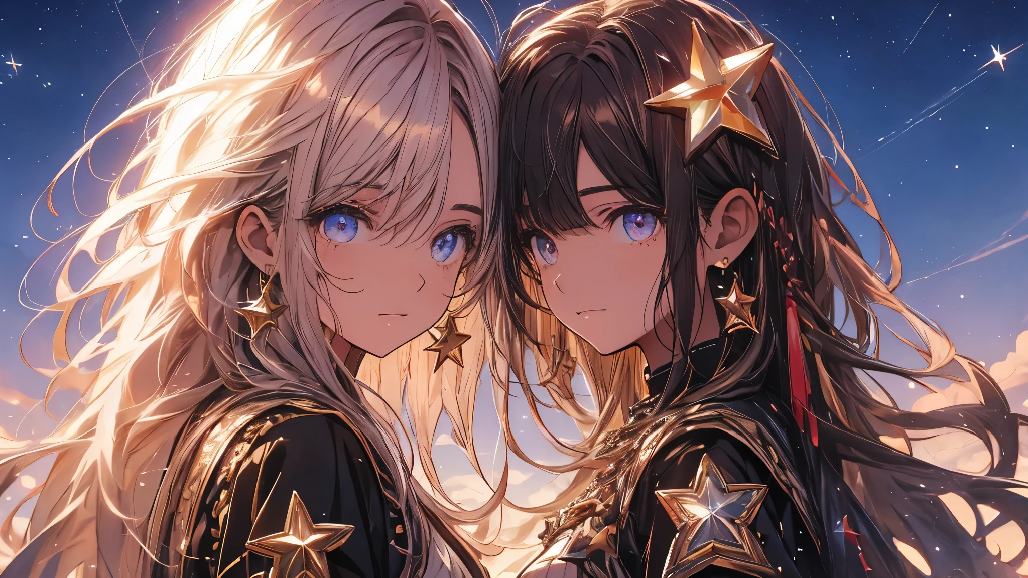 Ojos como el cielo estrellado, seems even more beautiful than immortal, ahogo, cabello, pupila en forma de estrella, ojos ambar, alto detalle, animado, brown cabello, long cabello、laugh