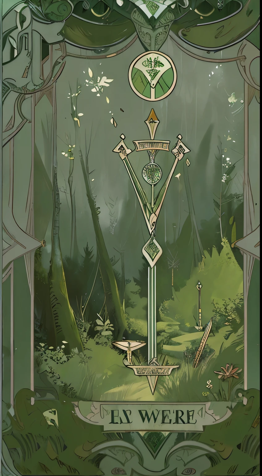 Masterpiece, Best Quality, Ultra-Detailed, a card of a fork of sand and clay paths in the middle of a dense green forest, gloomy appearance, (((tarot card:1.0))), card, tarot