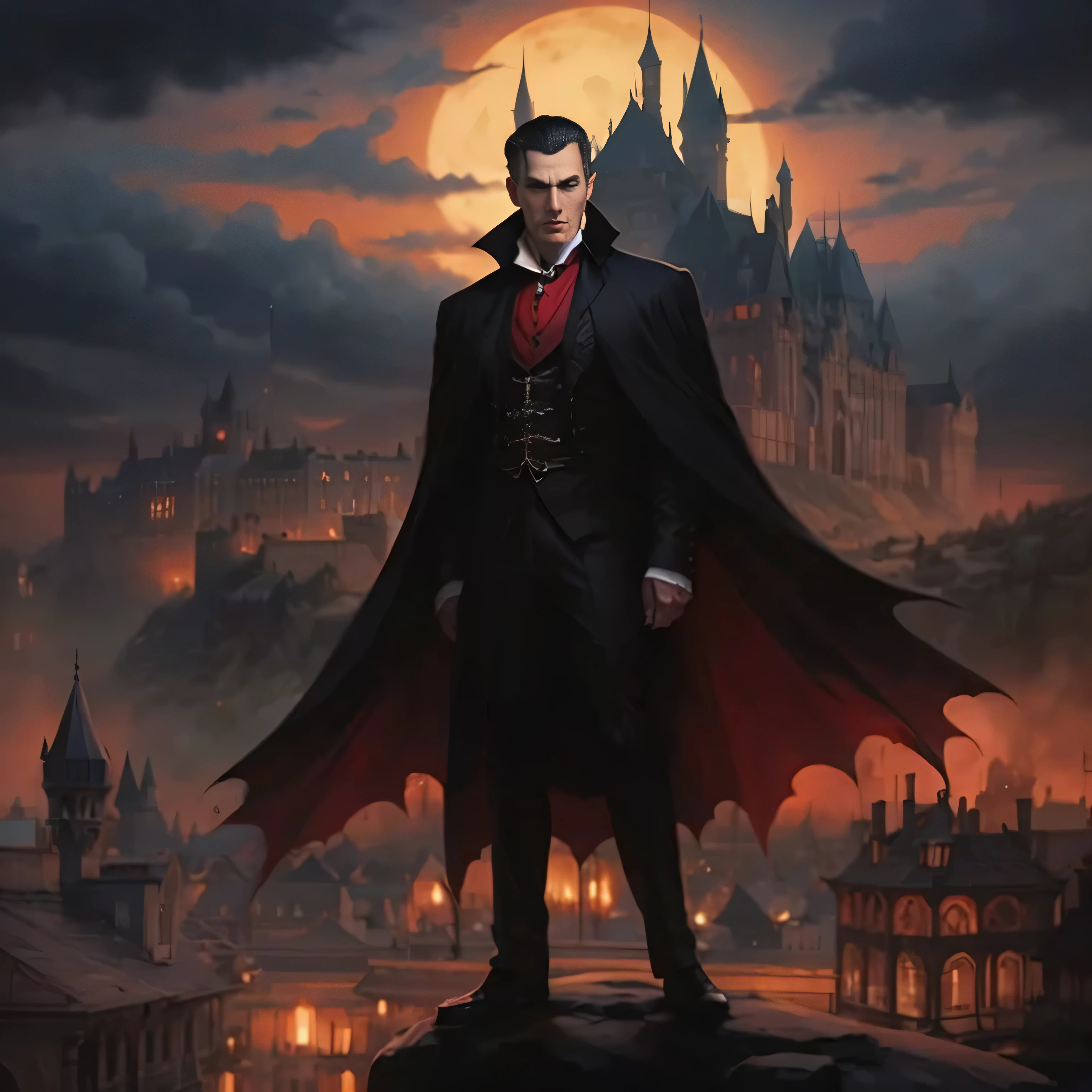 a man in a dracula costume standing on a rock with a castle in the background, count dracula, male vampire, vampire lord, handsome male vampire, victorian vampire, dracula, portrait of a vampire, dark vampire, vampires fantasy, vampire of clan lasombra, male vampire of clan banu haqim, l vampire, elegant victorian vampire, one man vampire