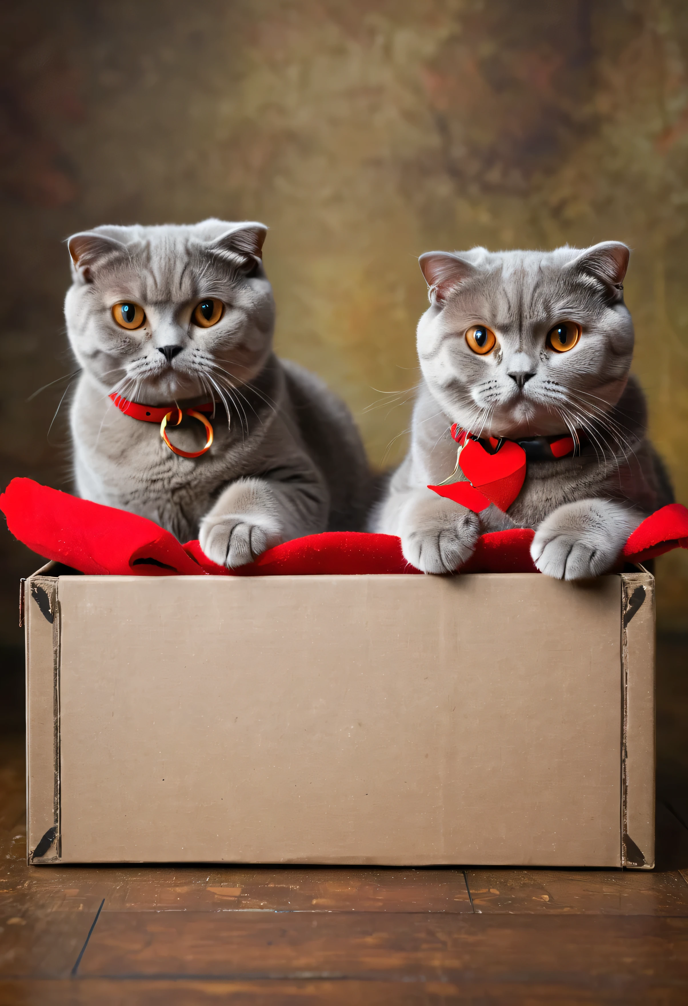 Two Scottish cats with red gloves in a ring box