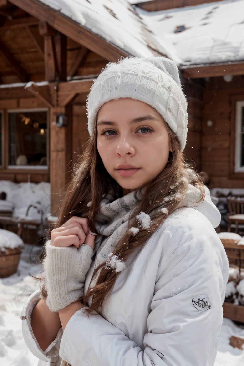 1girl, perface face, beauty face, realistic, wearing a winter jacket, wearing a scarf, wearing a winter beanie, ((house setting, snow detail, snow, light detail)), other details, light reflections, 8k, ultrahd, best quality