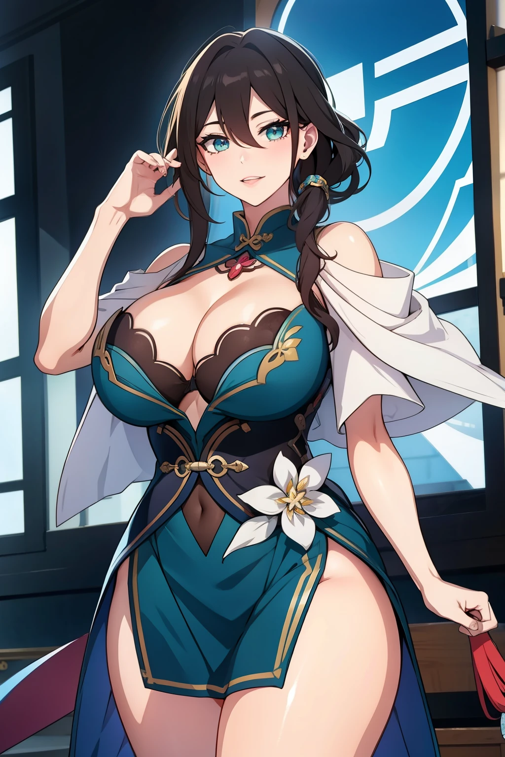 An anime-style artwork depicting ruan mei from the game Honkai star rail.

Tags: ruan mei, anime, detailed eyes, detailed lips, dress, smiling expression, intense gaze, glowing emblem on hand, dynamic pose, mystical background, vibrant colors, digital art, high-resolution, professional quality, gigantic breasts, cleavage, curvy, cowboy shot, gigantic breasts, green eyes