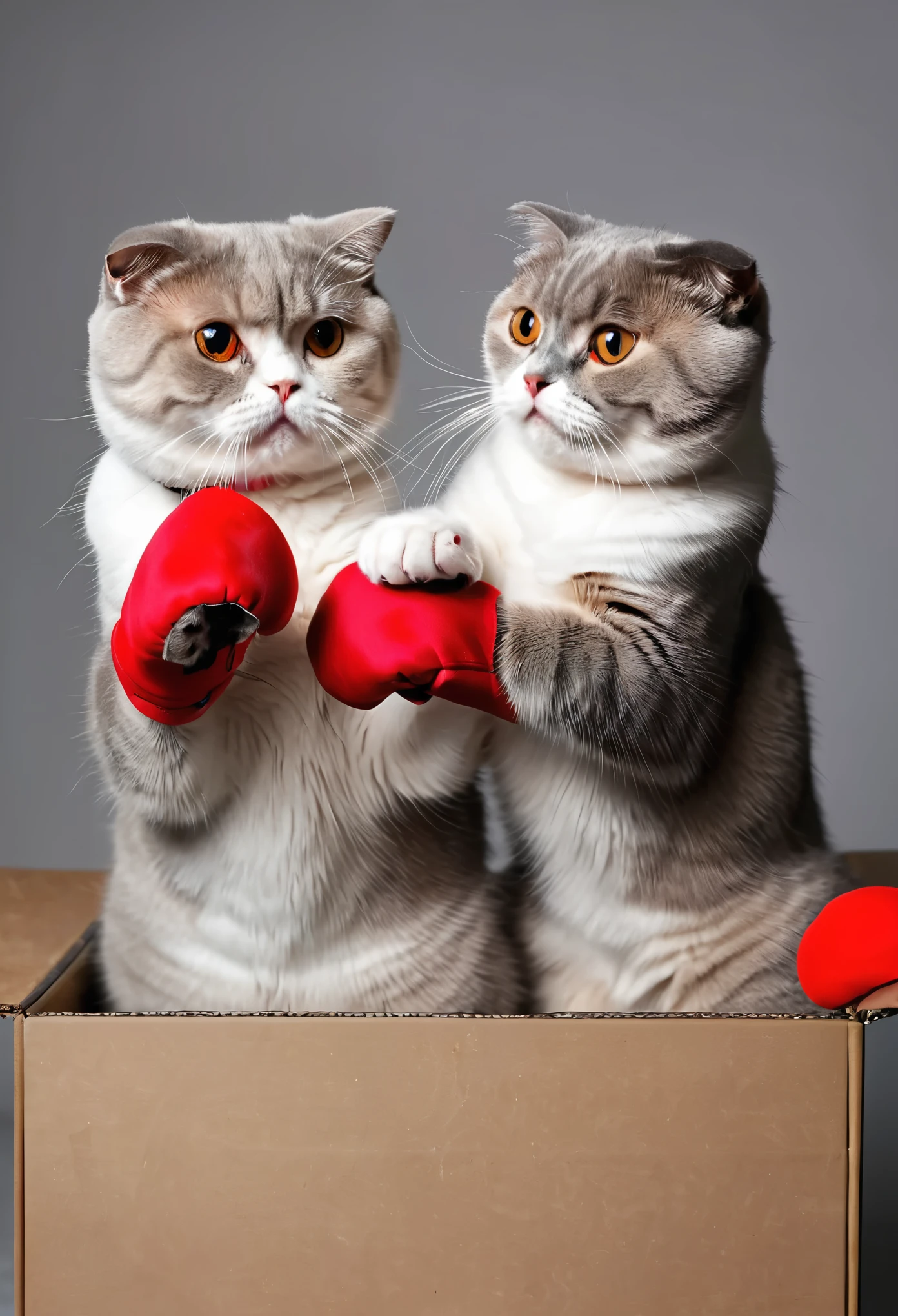 Two Scottish fold cats with red gants fighting in aring box