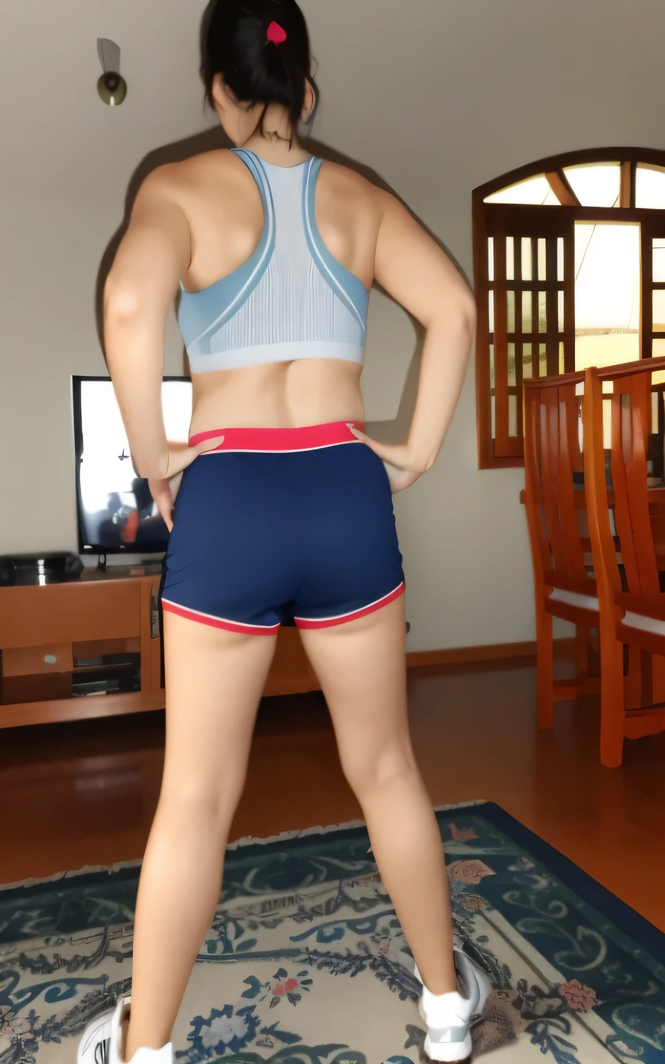 there is a woman standing in a living room with a Wii remote, sports bra and dark blue shorts, tiro pelas costas, sports bra and shorts, long tiro pelas costas, vista traseira, long shot from behind, from behind, Rear view !!, visto from behind, Shot from behind, foto from behind, pose from behind. in good physical shape, nice sportswear, cerca de 40 anos. Clear photo, alta qualidade, high resolution, obra de arte, 8k.