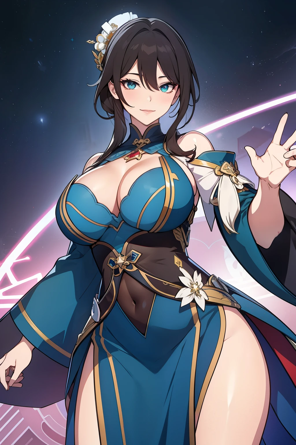 An anime-style artwork depicting ruan mei from the game Honkai star rail.
Tags: ruan mei, anime, detailed eyes, detailed lips, dress, smiling expression, intense gaze, glowing emblem on hand, dynamic pose, mystical background, vibrant colors, digital art, high-resolution, professional quality, gigantic breasts, cleavage, curvy, cowboy shot, gigantic breasts, green eyes